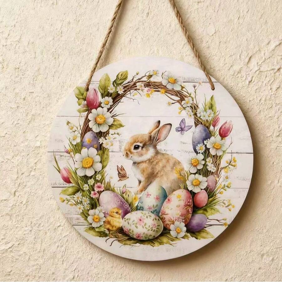 复活节兔子和彩蛋圆形木质牌匾，家居墙面装饰花环挂饰 - 彩色 - 查看 1