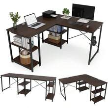 ゲーミングデスク 幅140cm/220cm 奥行60cm 左右入替え可能 パソコンデスク pcデスク l字デスク l字/一字変換可能 可動棚付 横揺れ&グラつき防止 木製 140X60X75cm/220X60X75cm ウォルナット（木目調） - ウォルナット - チェックする 1