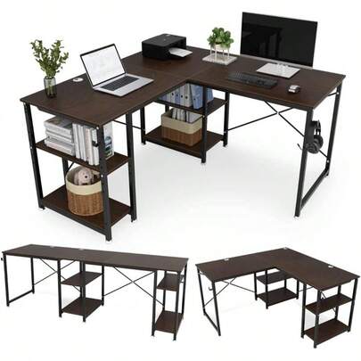 ゲーミングデスク 幅140cm/220cm 奥行60cm 左右入替え可能 パソコンデスク pcデスク l字デスク l字/一字変換可能 可動棚付 横揺れ&グラつき防止 木製 140X60X75cm/220X60X75cm ウォルナット（木目調）