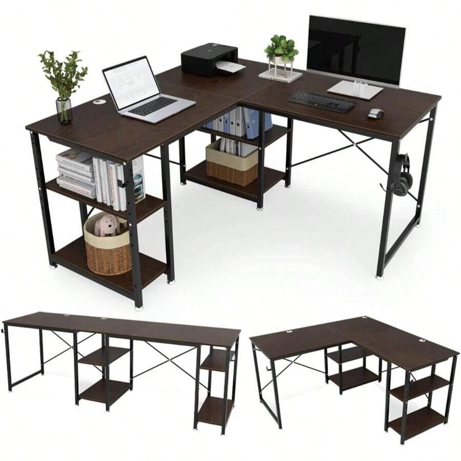 ゲーミングデスク 幅140cm/220cm 奥行60cm 左右入替え可能 パソコンデスク pcデスク l字デスク l字/一字変換可能 可動棚付 横揺れ&グラつき防止 木製 140X60X75cm/220X60X75cm ウォルナット（木目調） - ウォルナット - チェックする 1