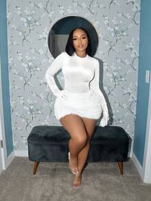 Women's Two-Piece Set, Simple Solid Color, Fashionable, Elegant And Comfortable, Sexy Skirt Set, Tight , Sexy Plush Skirt Set. - trắng - Xem 3