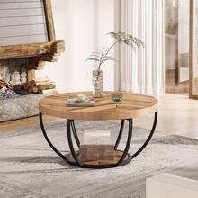 Tribesigns Round Coffee Table, Industrial 2-Tier Circle Coffee Table With Storage Shelves, Modern Wooden Accent Center Table Sofa Side Table For Living Room, Wooden Grain And Black - Mocha Brown - View 9