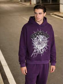 Hooded Sweatshir,Men's Spider Graphic Hoodie Gothic Streetwear Sweatshirt Oversized Fit Autumn Winter Warm Fleece Lined Pullover With Kangaroo Pocket - 紫色 - 查看 2