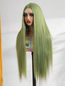 32英寸超长草绿色女士假发，直发无刘海假发，4x2 U型蕾丝假发，合成纤维材质，外观自然，适合日常、派对等场合，易于佩戴的中分假发，耐热合成纤维假发，圣帕特里克节角色扮演假发 - 綠色 - 查看 4