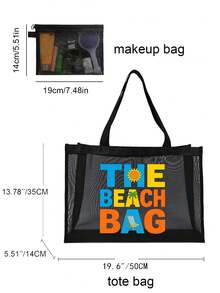 尼龙字母印花沙滩网眼手提包，沙滩度假风沙滩包，彩色蝴蝶结图案，大容量沙滩包，自用或送礼佳品，适合送给朋友、母亲、老师等，大容量手提包 - 彩色 - 查看 7