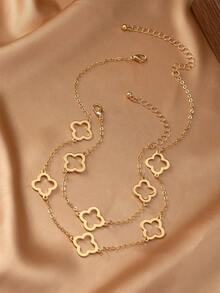 2pcs/Set Fashionable Minimalist Hollow Clover Metal Gold Pendant Necklace & Bracelet Set, Suitable For Teenage Girls Daily & Festival Outfits - Yellow Gold - View 3