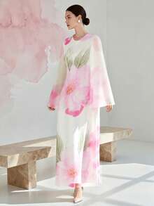 1 pieza Vestido de manga campana con cuello en V y estampado floral, vestido largo de manga larga para mujer para vacaciones, bodas, vacaciones, uso diario, fiestas de cumpleaños, primavera/verano - Blanco - Ver 3