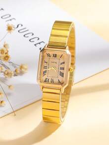 1pc Shiny Glamorous Square Dial Girl's Quartz Watch, Seamless Transition Between Business And Casual, Birthday Gift / Holiday Gift - Gold - View 6
