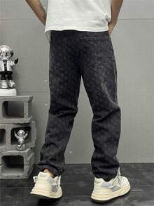 Jeans rectos, sueltos y sin estiramiento de cintura media con tejido de ganchillo de moda para hombres - Negro - Ver 3