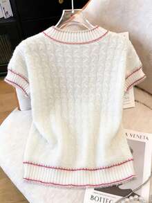 休闲宽松圆领人字纹针织毛衣，百搭简约 - 白色 - 查看 2