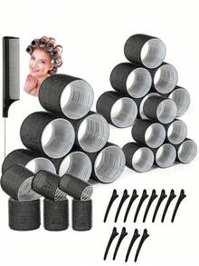 32件套自粘式卷发棒和发夹套装，包含18个自粘式卷发棒和12个鸭嘴夹，以及1个化妆包，适用于沙龙美发、DIY发型。 - 彩色 - 查看 16