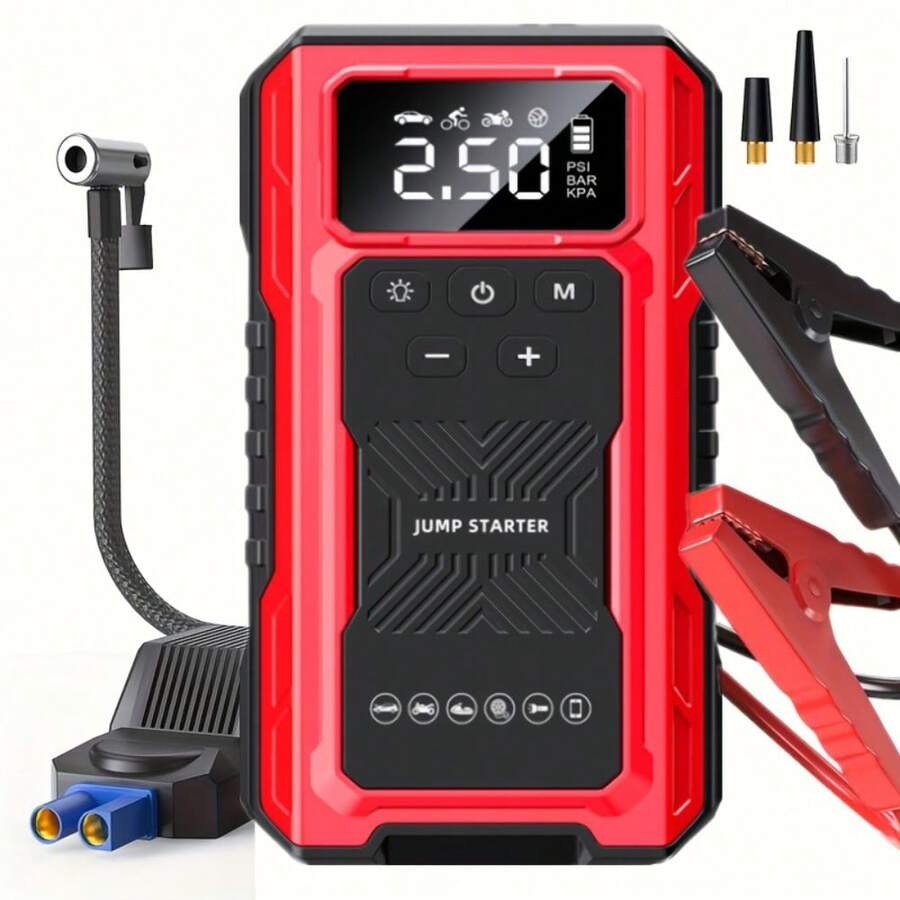 7-In-1 Portable Car Jump Starter With Air Compressor & LCD Display - Heavy-Duty Battery Booster Suitable For Gas/ Engines, Emergency Power Source With 3-Mode Flashlight - D Style - View 1