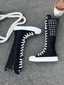 OPOEE Canvas Shoes, Mid-Top Sneakers For Children, Spring/Autumn, Korean Style, Unisex, Fashionable Low-Top, Casual Lace-Up Athletic Shoes, Classic High-Top Sneakers, All-Match Casual Sports Skateboard Shoes For Kids - 黑與白 - 查看 4
