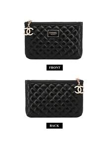 CHANEL Túi đựng mỹ phẩm Materiel, thời trang Xuân Hè 2026 mới, màu đen chần bông - Túi trang điểm sang trọng họa tiết kim cương, túi đựng đồ vệ sinh cá nhân du lịch chống thấm nước di động với mặt dây chuyền kim loại, túi trang điểm dễ thương thẩm mỹ cho ví, túi đựng mỹ phẩm nhỏ có khóa kéo. - màu đen - Xem 5