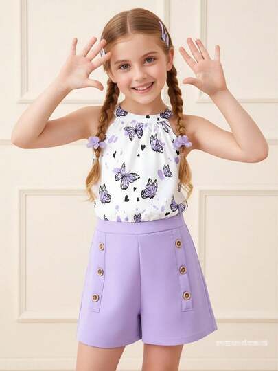 適用於青少年女孩夏季的無袖領結花卉上衣和時尚雙排釦短褲套裝，展現假日風格