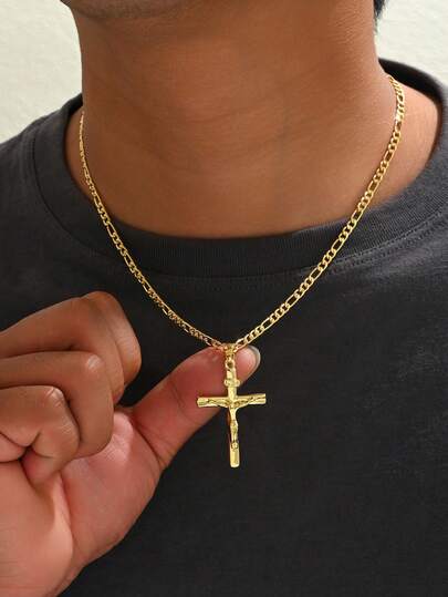 1 pieza Collar con colgante de cruz clásico para hombres con estatua de Jesús incrustada, elemento de moda versátil religioso, joyería cristiana sencilla, adecuada para hombres jóvenes de moda y ceremonias religiosas