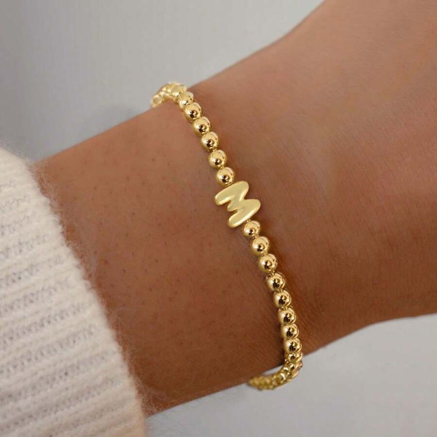 1pc Classic Minimalist Bubble Letter Gold Beaded Bracelet (Women) - Yellow Gold - View 1