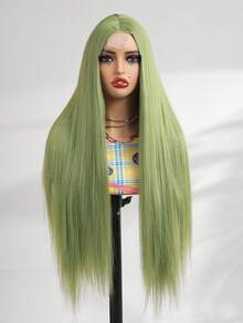 32英寸超长草绿色女士假发，直发无刘海假发，4x2 U型蕾丝假发，合成纤维材质，外观自然，适合日常、派对等场合，易于佩戴的中分假发，耐热合成纤维假发，圣帕特里克节角色扮演假发 - 綠色 - 查看 3