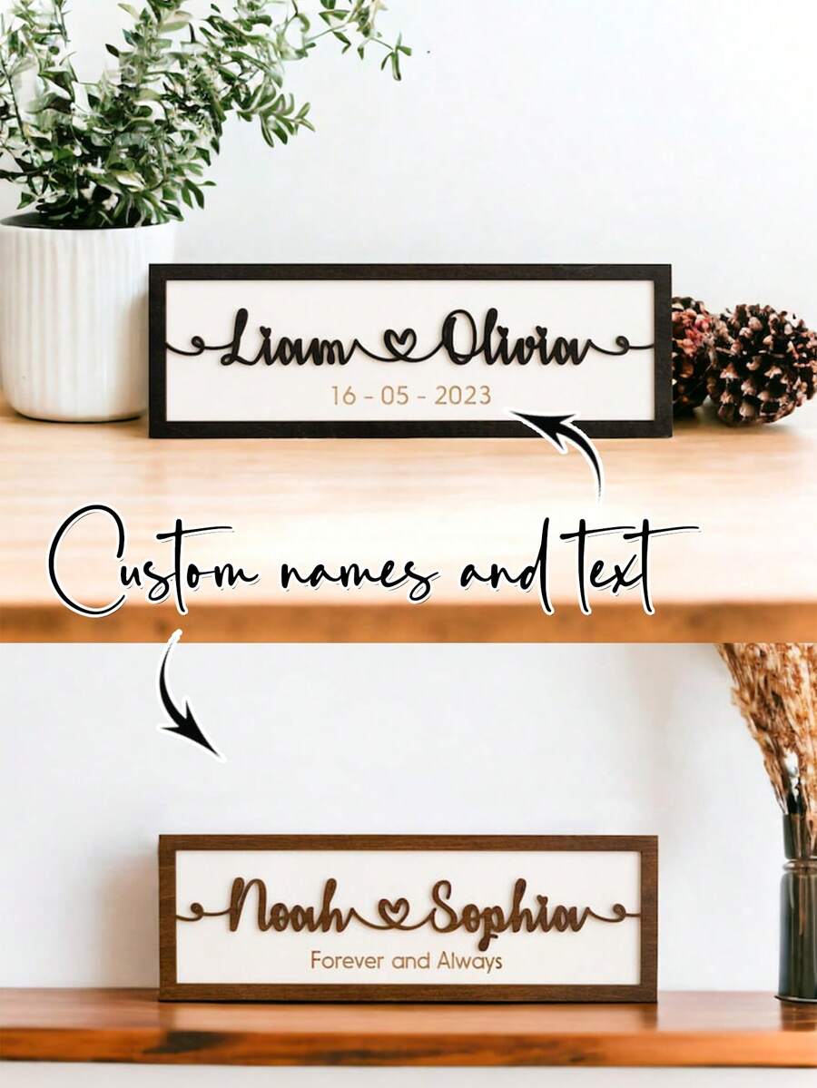 1 pieza Placa de madera con forma de corazón con el nombre de la pareja, estilo minimalista personalizado. Regalo del Día de San Valentín, placa de madera, decoración interior y recuerdo - Negro - Ver 1