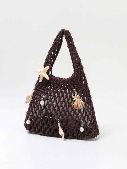 SHEIN BAE 1pc Polyester Mesh Bottom Multicolor Solid Crochet Woven Tote Bag, Rhombus Pattern, Lightweight Portable Large Capacity Cute Japanese Style Fashion Summer Beach Bag For Women
