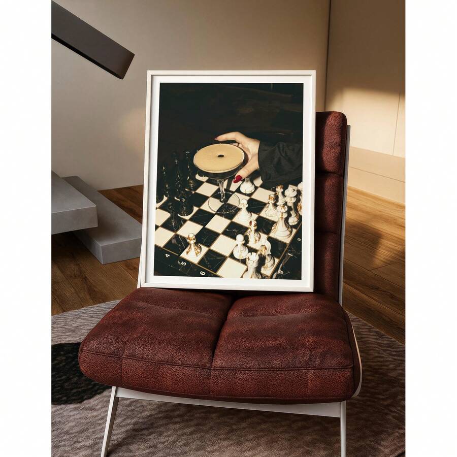 1幅超现实主义浓缩咖啡马提尼与国际象棋墙画，鸡尾酒与棋盘图案帆布画，氛围酒吧海报，暗黑优雅酒吧装饰，适用于客厅、卧室、办公室装饰，送给她的礼物，可选无框或有框。 - 彩色 - 查看 1