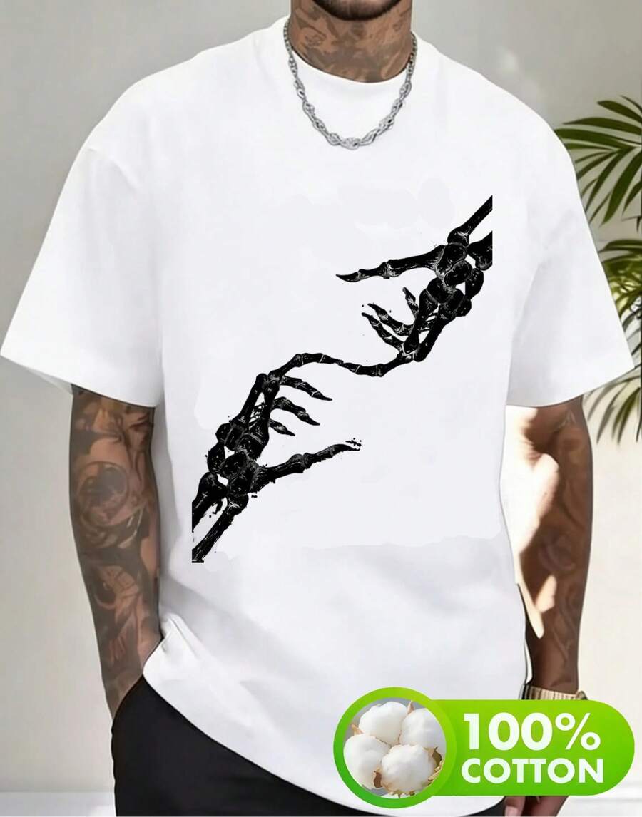 Patrón de Mano de Calavera, Camiseta Impresa de Alta Calidad Unisex Divertida, Ajuste Cómodo de Tela de Algodón Suave, Adecuada para Año Nuevo, Nochevieja, Día de San Valentín, Lavable a Máquina, Múltiples Tamaños Disponibles (S-XXXXL) - Blanco - Ver 1