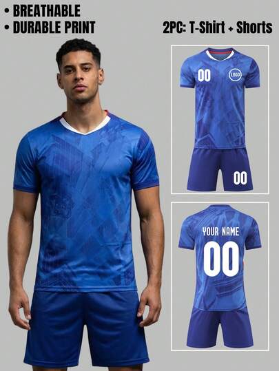 2pcs Personalised Football Uniform Men, Football Jersey Shorts Set, Moisture Wicking Breathable For Training Match