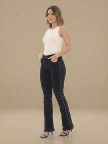 pthirillo Women's Black Flare Jeans With High-Waisted Butt-Lifting Effect And Rhinestone Detail. - 側邊釘子 - 查看 9