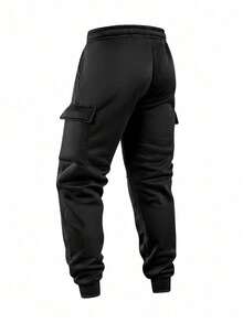 Men's Casual Fashionable Outdoor Drawstring Waist Cargo Pants, Autumn/Winter - Black - View 3