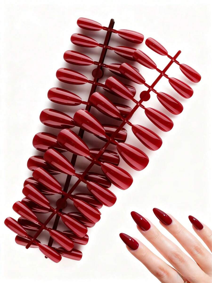 5片装条纹美甲贴纸，短杏仁形，简约优雅酒红色美甲贴纸，DIY可重复使用全覆盖美甲贴，适合美甲沙龙和日常办公使用，美甲用品 - 酒紅色 - 查看 1