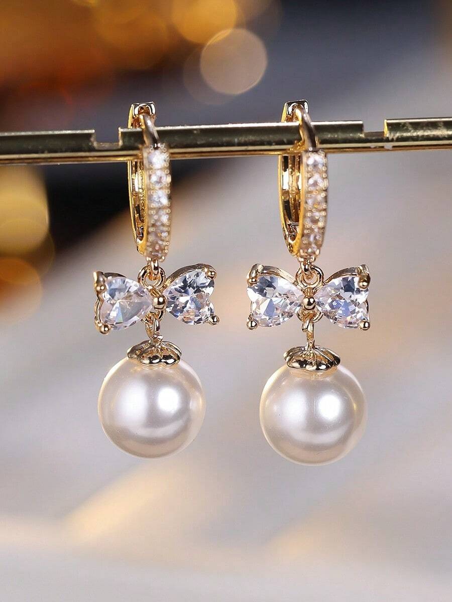 1 Pair Elegant Bow & Pearl Design Earrings, Sweet Style Suitable For Daily Wear - Earring - View 1