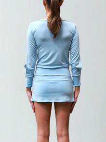 Women Y2k Mini Bodycon Skirt Solid Low Rise Drawstring Short Straight Skirts  Summer Going Out Streetwear - Azul - Ver 3