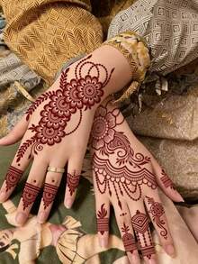 4pcs Brown Henna Lace Ribbon Temporary Tattoo Stickers, Waterproof Hand & Body Temporary Tattoos, Brown Mandala Flower Lace Body Art Stickers For Women - Brown - View 8