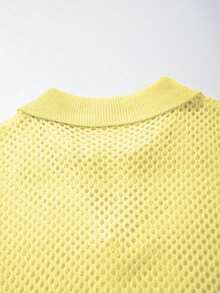 纯色半透明网纱V领T恤，女士款，优雅性感，美式风格，通勤约会皆宜，短袖，春夏皆宜 - 黃 - 查看 5