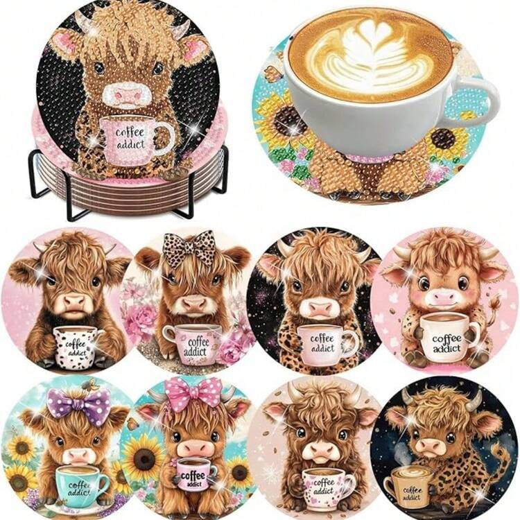 8pcs Diamond Painting Coaster Set, Cute Calf Theme, DIY Acrylic Crystal Diamonds, Non-Slip & Heat-Resistant, Ideal For Home Decor And Crafts, Durable Wooden Material - Multicolor - View 1