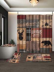 1/4 Pcs Bear Cabin Shower Curtain Set, Waterproof Shower Curtain With 12 Plastic Hooks, Non-Slip Rug And Toilet Lid Cover, Vintage Farmhouse Style Bathroom Divider, Bathroom Accessories, Home Decor - Multicolor - View 14