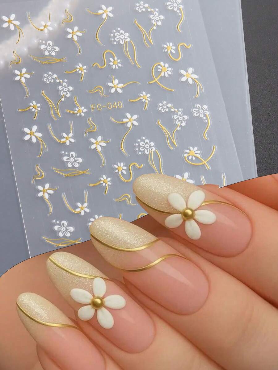 2pcs/Set White Flower & Golden Wavy Line Pattern Cute & Charming Self-Adhesive Nail Art Stickers, DIY Nail Salon Accessories - Multicolor - View 1