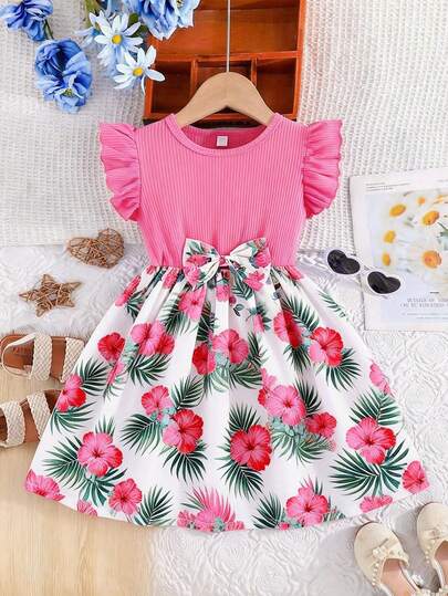 Girls' Summer Vacation Dress, Rose Pink Ribbed Top, Cap Sleeve Patchwork, White Base Hibiscus & Palm Leaf Print, Bow Princess Dress