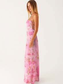 Women's Summer Boho Floral Print Cami Dress Bodycon Long Maxi Dress Spaghetti Straps Sleeveless Square Neck Self-Tie Lace Up Backless Cocktail Party Dresses Beach Dress - 粉色 - 查看 4