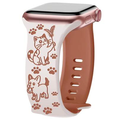 Outdoor Cute Style! Cat & Dog Theme/Apple Silicone Watch Band, Compatible With Series 11/10/9/8/7/6/5/4/3/2/1/SE And 38/40/41/42mm Cases, Holiday Gift For Pet Lovers! Must-Have For Cat & Dog Paw Print Fans! - Outdoor Casual Winter Party Gift, Watch Not Included