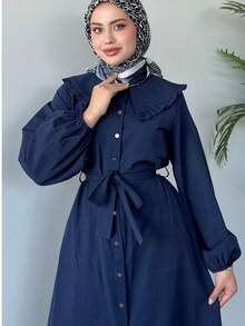 女士优雅纯色前扣腰带褶皱荷叶边/荷叶边彼得潘领长袖休闲连衣裙 - 藏蓝色 - 查看 4