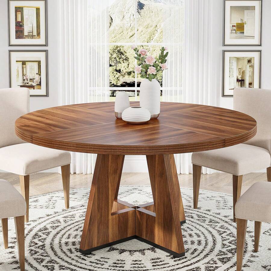 Tribesigns Farmhouse Dining Table, 120 Cm Round Dinner Table For 4, Rustic Wood Dining Room Table For Home Dining Room Living Room (Easy Assembly)(Brown) - 棕色 - 查看 1