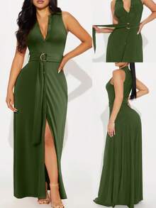 Women's Collared Button-Front Maxi| Deep-V Sleeveless High-Slit| Spring/Summer Cocktail Essential| Ruched-Waist Chiffon Flow| Wedding-Guest To Vacation Statement Dress - 軍綠色 - 查看 1