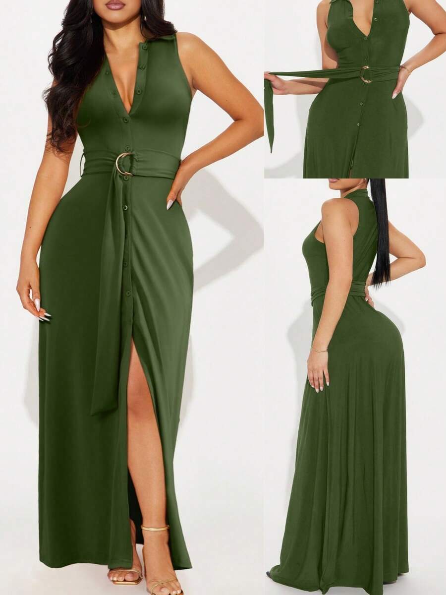 Women's Collared Button-Front Maxi| Deep-V Sleeveless High-Slit| Spring/Summer Cocktail Essential| Ruched-Waist Chiffon Flow| Wedding-Guest To Vacation Statement Dress - 軍綠色 - 查看 1