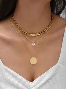3pcs/Set Women Layered Necklace Set, Classic Fashion Geometric Circle Sequin & Shiny Cubic Zirconia Pendant, Suitable For Beach Vacation Wear - Yellow Gold - View 1
