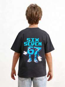 Young Boy Casual Graphic Print Crew Neck Short Sleeve T-Shirt, Summer Top