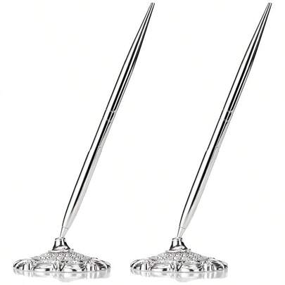 Nicheez レセプションペン、サインペン、スタンド付きデスクペン、ボールペン、ホテル、フロントデスク、結婚式、レセプションルーム (シルバー/2個セット)