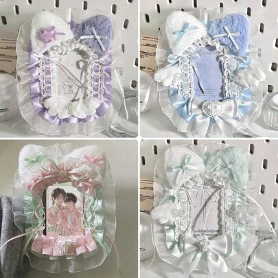 1pc New Cute Lace Photo Card Holder, 4 Color Options, Comes With Hanging Chain Decor, Plush Cat Ears, Bow, Pentagram DIY Finished Product, Anime Cartoon Game Character Card Holder, Idol Fan Merchandise, Transparent Lolita Card Holder