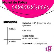MDF Universe Mural de Fotos Moderno em MDF Preto - Painel Decorativo para 8 Fotos 10x15cm com Fita Duplaface Inclusa (65x50cm) - Preto - Visão 3