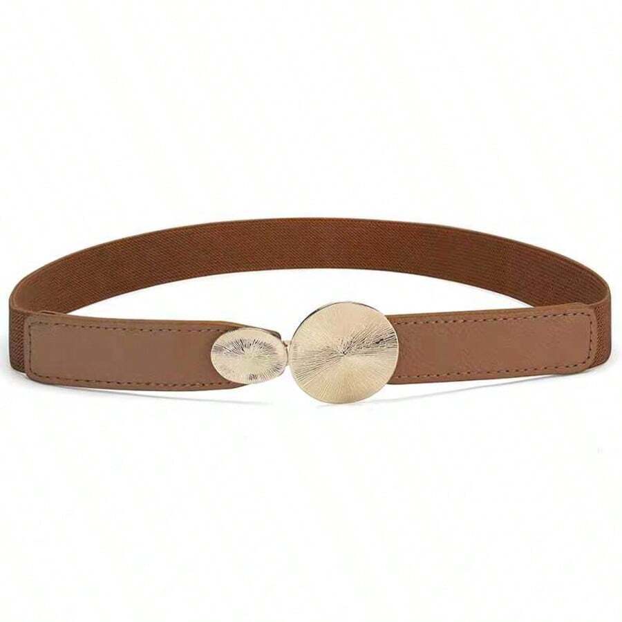 Women's Elastic Belt With Round Gold Buckle, Adjustable, Elegant - Màu Tím - Xem 1